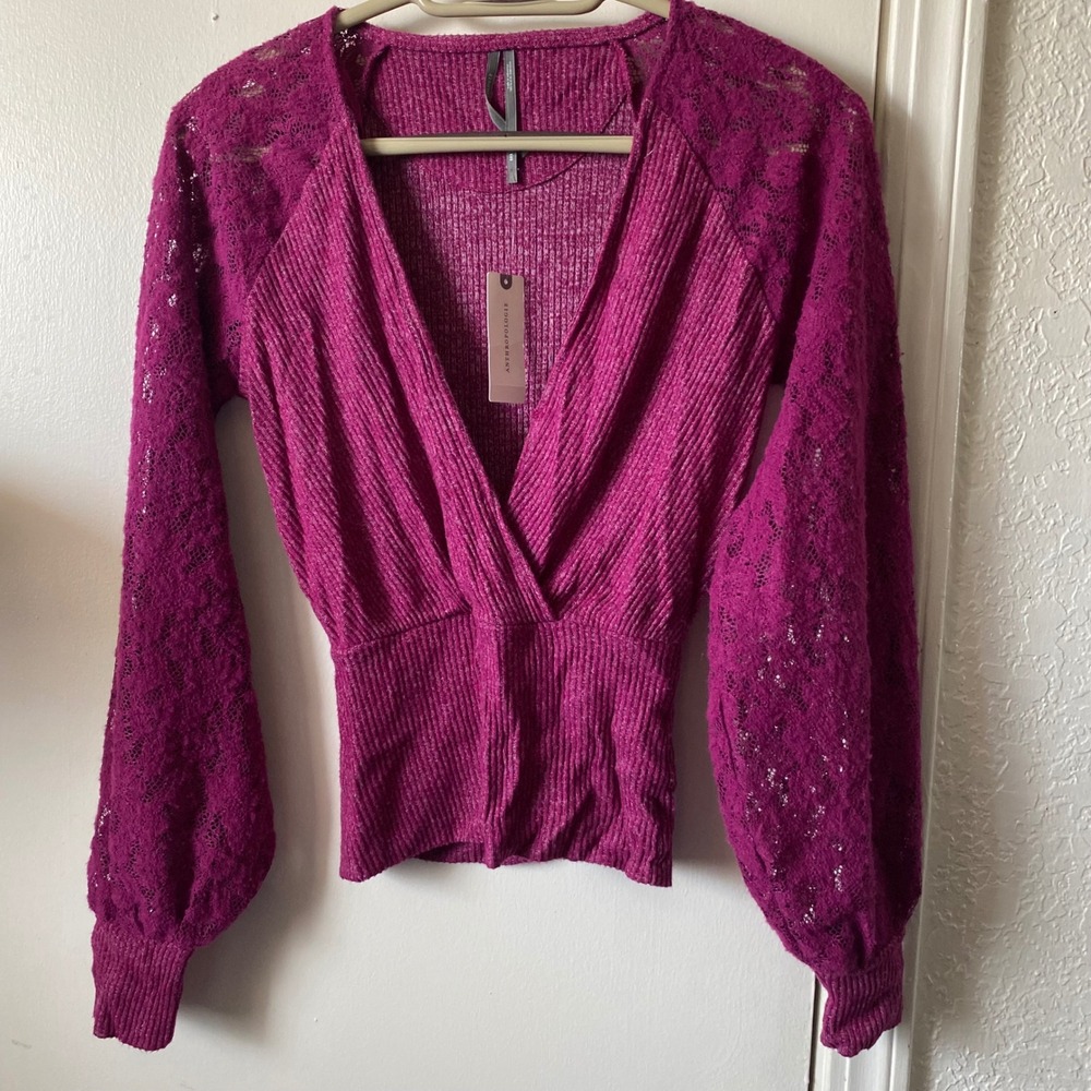 Anthropologie Plum Ribbed Knit Lace Sleeve V-Neck Top XXS NWT 79586533